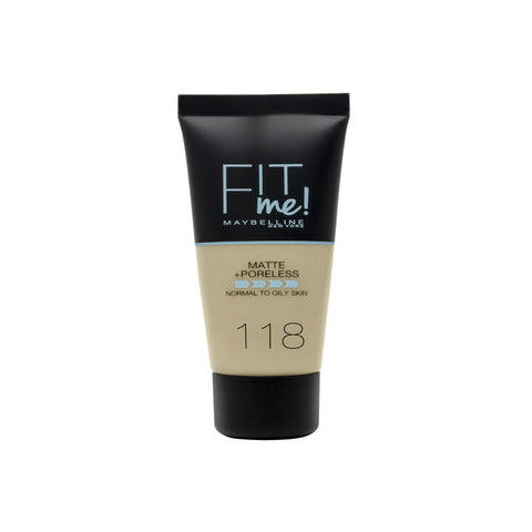 Maybelline Fit Me Matte + Poreless Foundation in shade 118 Nude, 30ml bottle, with sleek packaging and applicator.