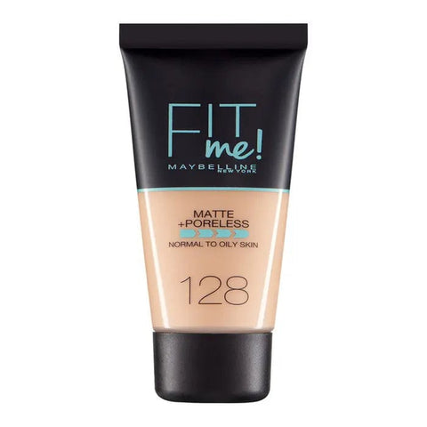 Maybelline Fit Me Matte Poreless Foundation in shade 128 Warm, with a sleek bottle and beige cap on a neutral background.