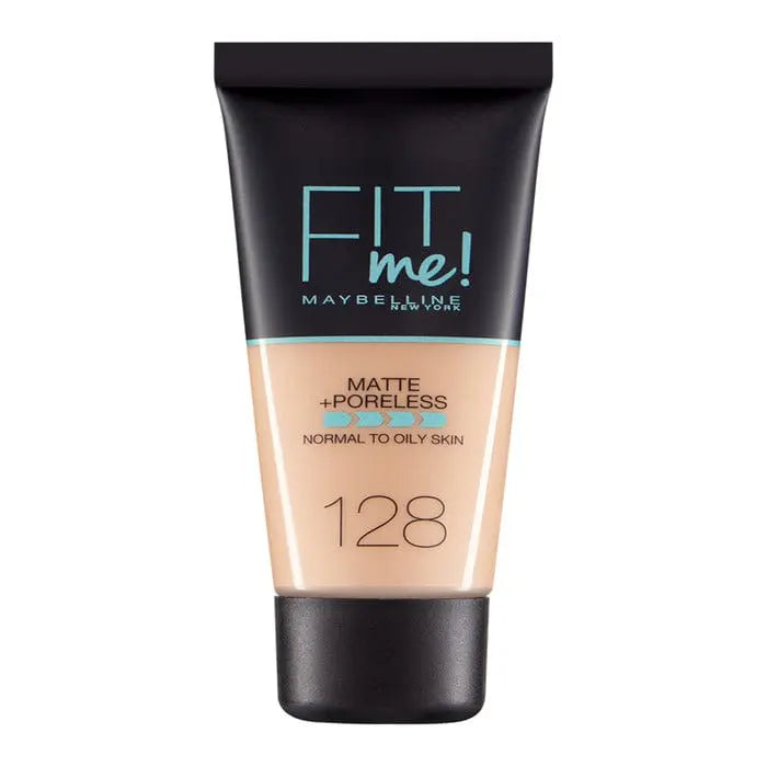 Maybelline Fit Me Matte Poreless Foundation 128 Warm, liquid makeup with smooth finish, displayed on a neutral background.