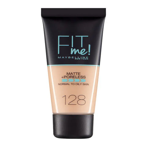 Maybelline Fit Me Matte Poreless Foundation in shade 128 Warm, displayed in a sleek bottle with a matte finish.