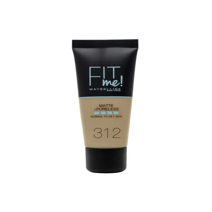 Maybelline Fit Me Matte + Poreless Foundation 312 Golden in 30ml bottle, displayed with packaging on a neutral background.