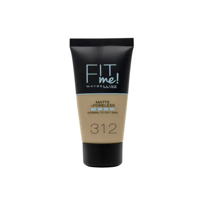 Maybelline Fit Me Matte + Poreless Foundation 312 Golden in 30ml bottle, natural skin finish, with makeup product packaging visible.