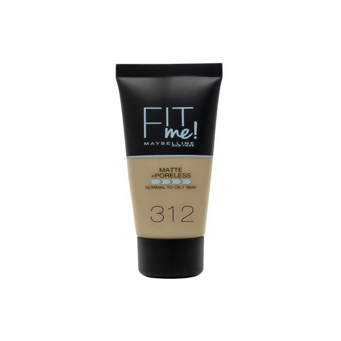 Maybelline Fit Me Matte + Poreless Foundation 312 Golden in 30ml bottle, natural skin finish, shown in a sleek tube.