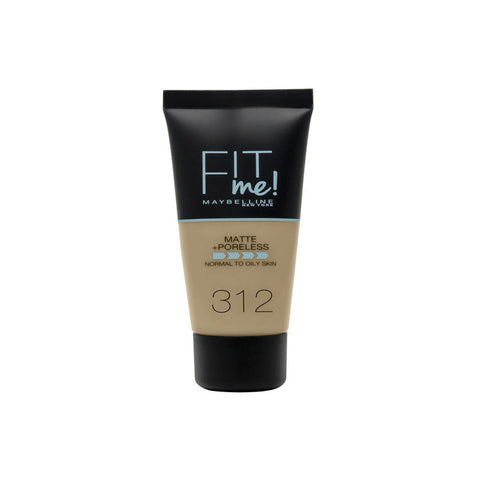 Maybelline Fit Me Matte + Poreless Foundation 312 Golden in 30ml bottle, natural skin finish, shown in a sleek tube.