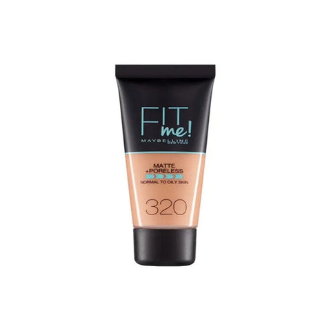 Maybelline Fit Me Matte Poreless Foundation 320 Natural, close-up of the bottle showing the product label and shade.