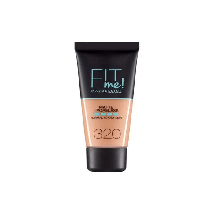 Maybelline Fit Me Matte Poreless Foundation shade 320 Natural, displayed in a sleek bottle with a white cap.