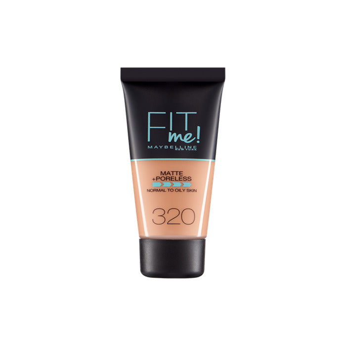 Maybelline Fit Me Matte Poreless Foundation in shade 320 Natural, showcasing smooth, matte finish and foundation bottle.