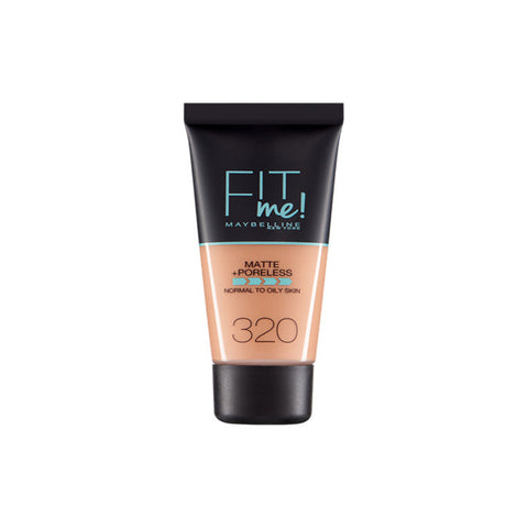Maybelline Fit Me Matte Poreless Foundation in shade 320 Natural, showcasing smooth, matte finish and foundation bottle.