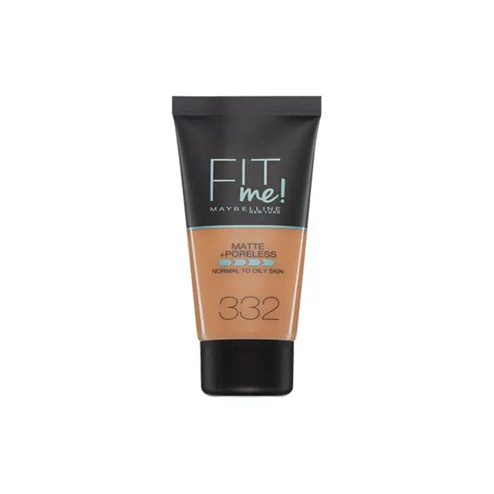 Maybelline Fit Me Matte + Poreless Foundation in shade 332 Golden Caramel, 30ml bottle, with a smooth, even finish.