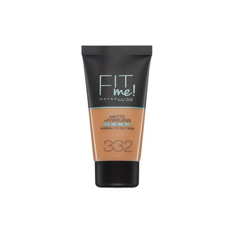 Maybelline Fit Me Matte + Poreless Foundation in shade 332 Golden Caramel, 30ml bottle, displayed with packaging.