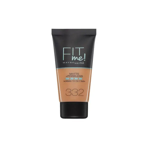 Maybelline Fit Me Matte + Poreless Foundation in shade 332 Golden Caramel, 30ml, displayed with packaging on a neutral background.