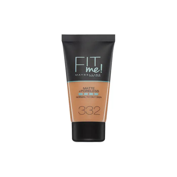 Maybelline Fit Me Matte + Poreless Foundation in shade 332 Golden Caramel, 30ml bottle, shown in a sleek container.