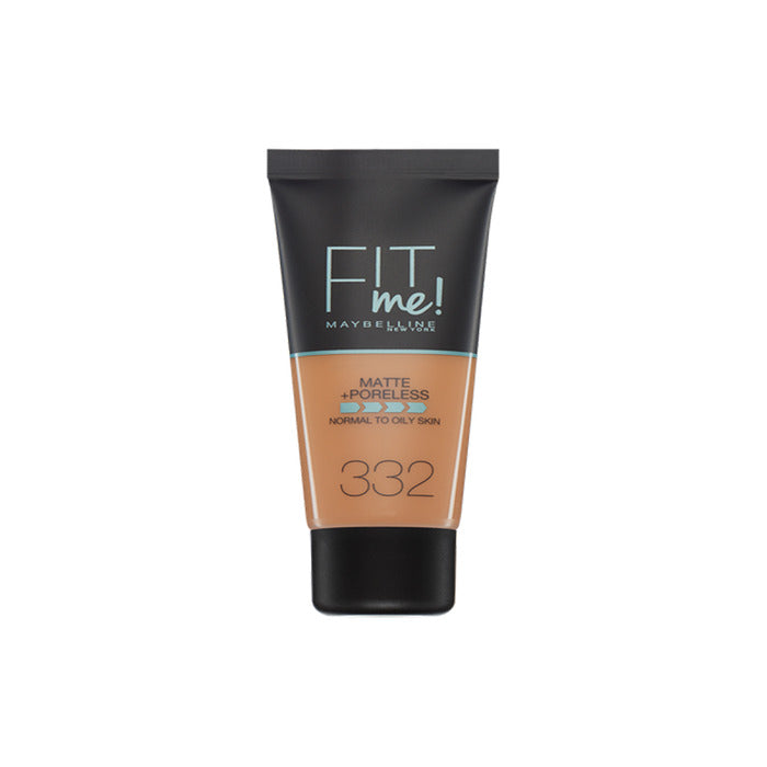 Maybelline Fit Me Matte + Poreless Foundation in 332 Golden Caramel, 30ml bottle, with a smooth, matte finish on the skin
