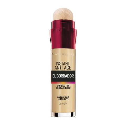 Maybelline Instant Age Rewind Eraser concealer in 00 Ivory, 6ml, featuring a slim applicator and creamy texture for dark circles.