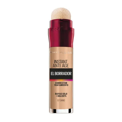 Maybelline Instant Age Rewind Eraser Dark Circles Concealer in shade 07 Sand, 6ml, featuring a tube with a sponge applicator.