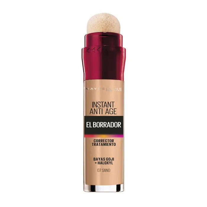 Maybelline Instant Age Rewind Eraser Dark Circles Concealer in shade 07 Sand, 6ml, displayed with packaging and applicator.