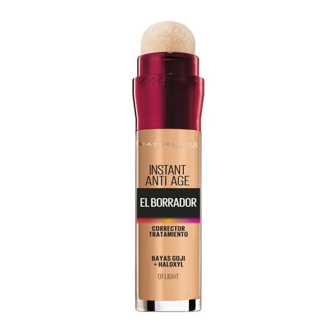 Maybelline Instant Rewind Eraser Treatment Concealer in 01 Light, with a sleek tube and applicator, displayed against a neutral background.