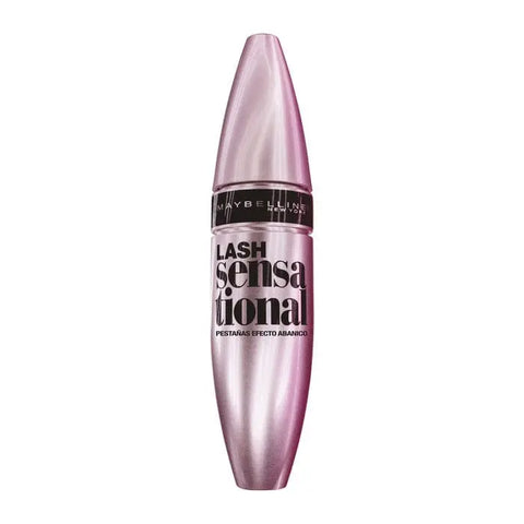 Maybelline Lash Sensational Full Fan Effect Mascara in black with a curved brush, enhancing eyelashes with a full fan look.