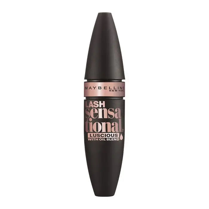 Maybelline Lash Sensational Luscious Mascara in black with volumizing brush, displayed on a clean background.