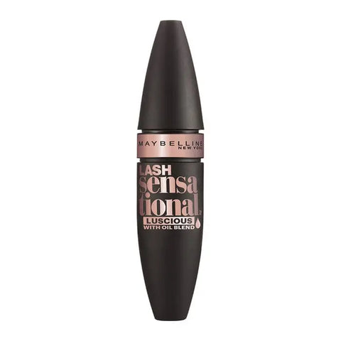 Maybelline Lash Sensational Luscious Mascara in black with volumizing brush, displayed on a clean background.