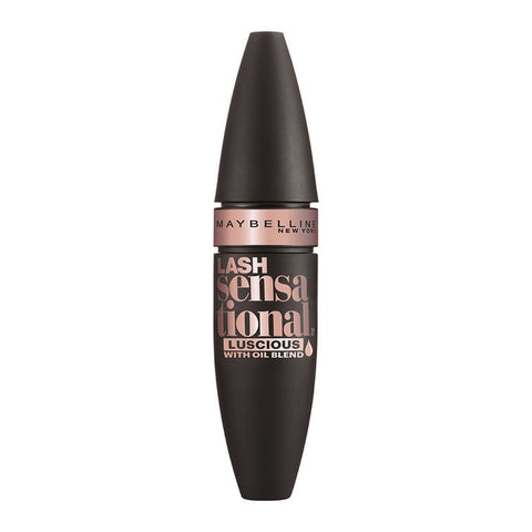 Maybelline Lash Sensational Luscious Mascara in black, with a sleek tube and wand showing voluminous, separated lashes.