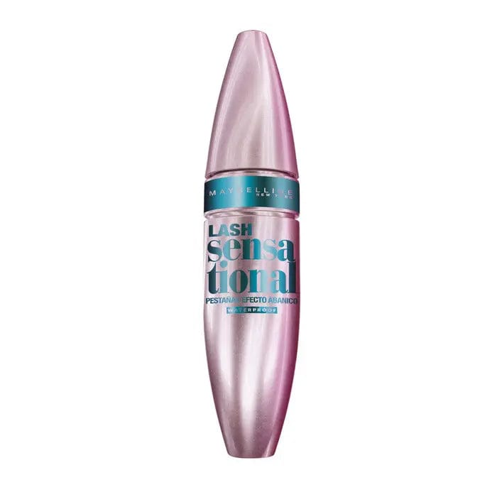 Maybelline Lash Sensational Waterproof Mascara in black, showcasing the mascara brush and tube with brand branding.
