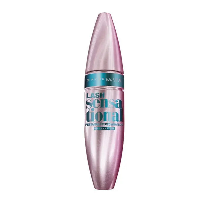 Maybelline Lash Sensational Waterproof Mascara in black, with curved brush and volumizing formula, displayed in a close-up image