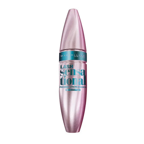 Maybelline Lash Sensational Waterproof Mascara in black, with a curved brush and sleek packaging, displayed on a clean background.