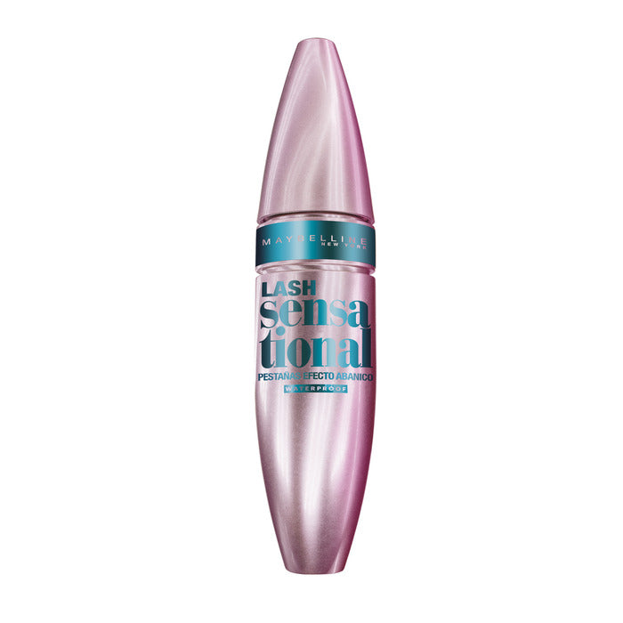 Maybelline Lash Sensational Waterproof Mascara in black with volumizing brush, displayed with the product tube against a white background.