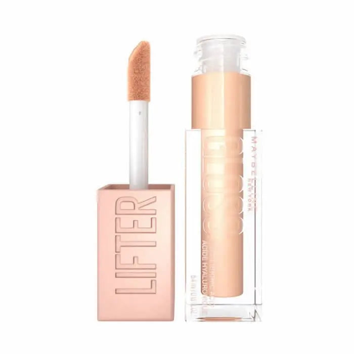 Maybelline Lifter Gloss 20 Sun in a clear tube with a shiny, glossy finish and a doe-foot applicator, displayed against a neutral background.