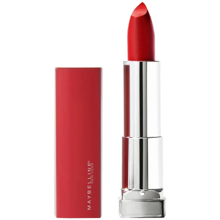 Maybelline Made For All Lipstick Color Sensational 382 Red For Me, vibrant red lipstick in sleek packaging, displayed on a neutral background.