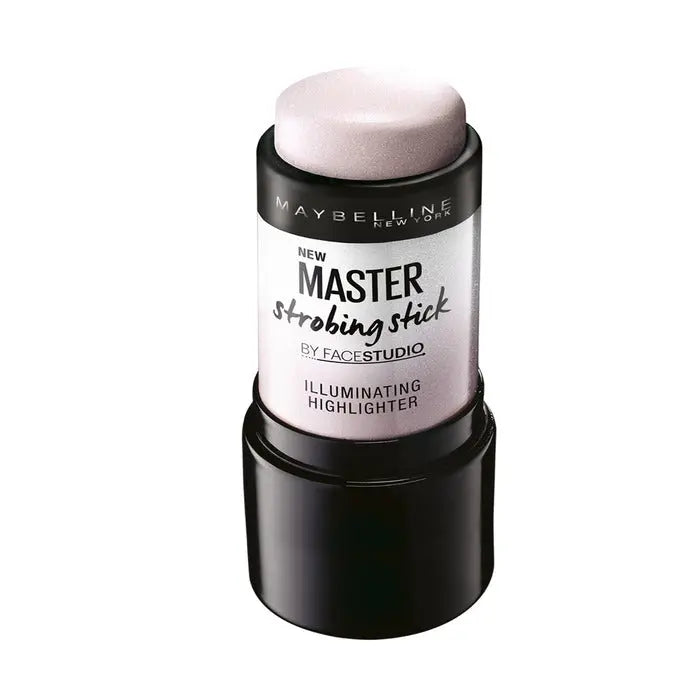 Maybelline Master Strobing Stick illuminating highlighter in shade 100 Light, with sleek packaging and product details visible.