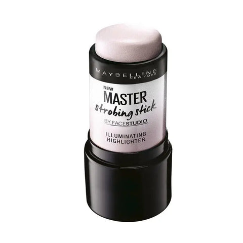 Maybelline Master Strobing Stick illuminating highlighter in shade 100 Light, with sleek packaging and product details visible.