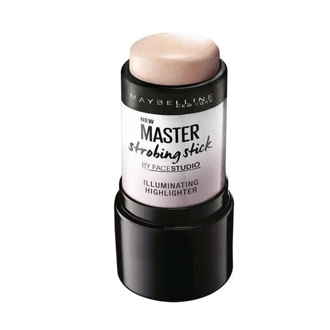 Maybelline Master Strobing Stick Illuminating Highlighter in Medium, highlighting the product's sleek packaging and creamy texture.