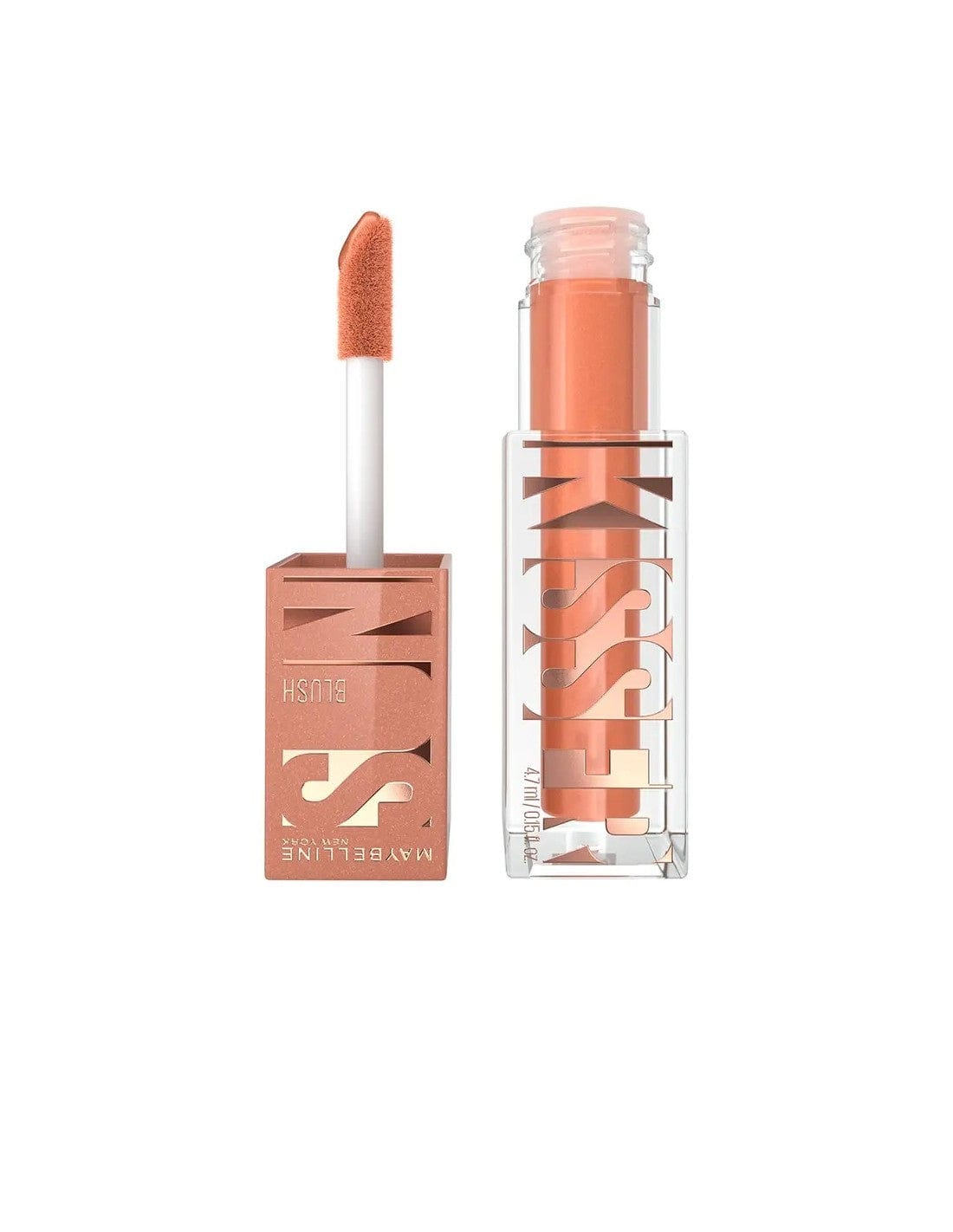 Maybelline Sunkisser liquid blush and bronzer in Downtown Rush, 4.7ml, with a sleek container and vibrant color for a radiant glow.