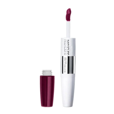 Maybelline Superstar 24 2-Step Liquid Lipstick in Sugar Plum, a vibrant purple makeup product with applicator and packaging.
