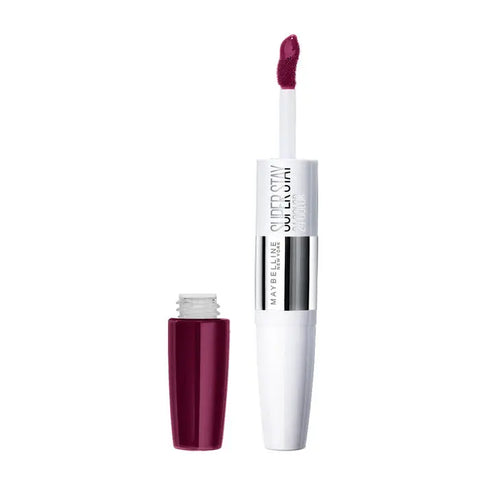 Maybelline Superstar 24 2-Step Liquid Lipstick in Sugar Plum, with applicator and vibrant purple shade, held in hand.