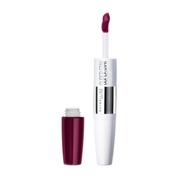 Maybelline Superstar 24 2-Step Liquid Lipstick in Sugar Plum, vibrant purple lip color with sleek packaging.