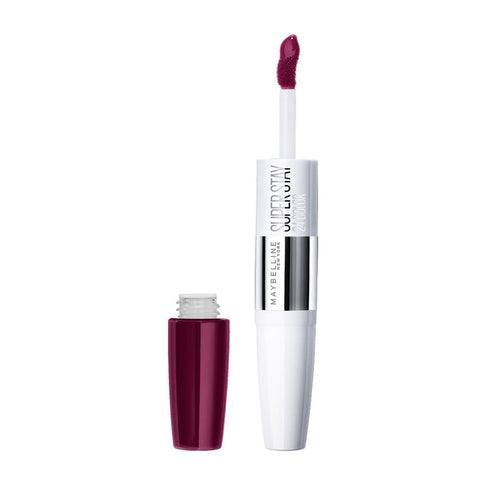 Maybelline Superstar 24 2-Step Liquid Lipstick in Sugar Plum, vibrant purple lip color with sleek packaging.