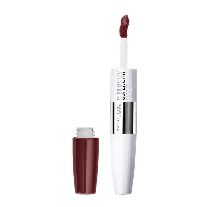 Maybelline Superstar 24 2-Step Liquid Lipstick in Pink Spice, vibrant pink shade, applied smoothly on lips with lipstick tube.