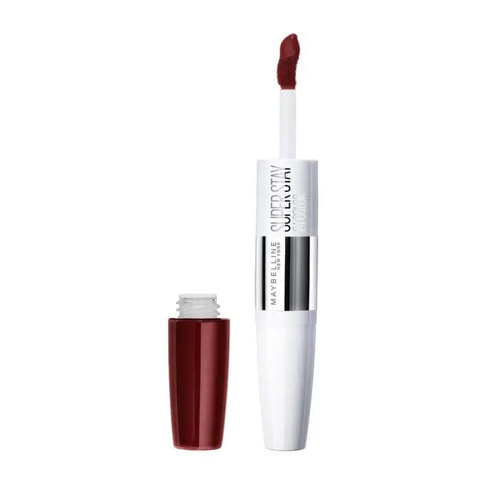 Maybelline Superstay 24 2-Step Liquid Lipstick in Cherry Pie, featuring the lipstick tube and applicator with vibrant red shade.