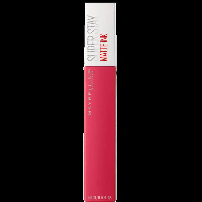 Maybelline Superstay 24 Matte Ink Lipstick in shade 155 Savant, 5ml, with sleek black tube and bright pink cap.