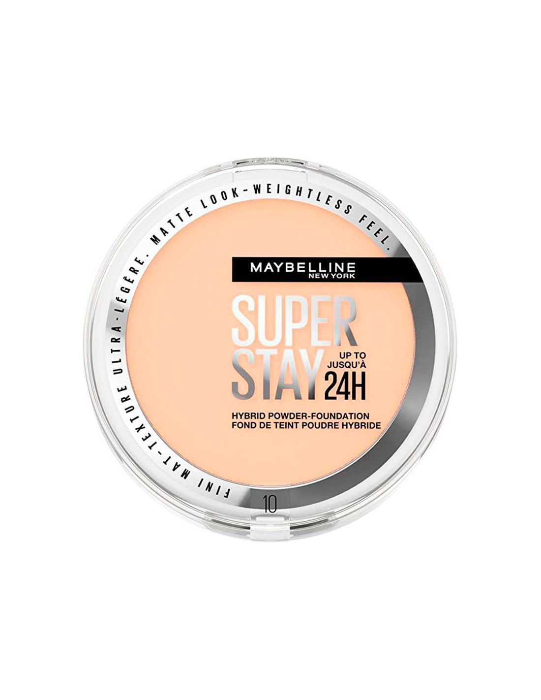 Maybelline Superstay 24h Hybrid Powder Foundation in shade 10, 9g, with a compact case and smooth powder surface.