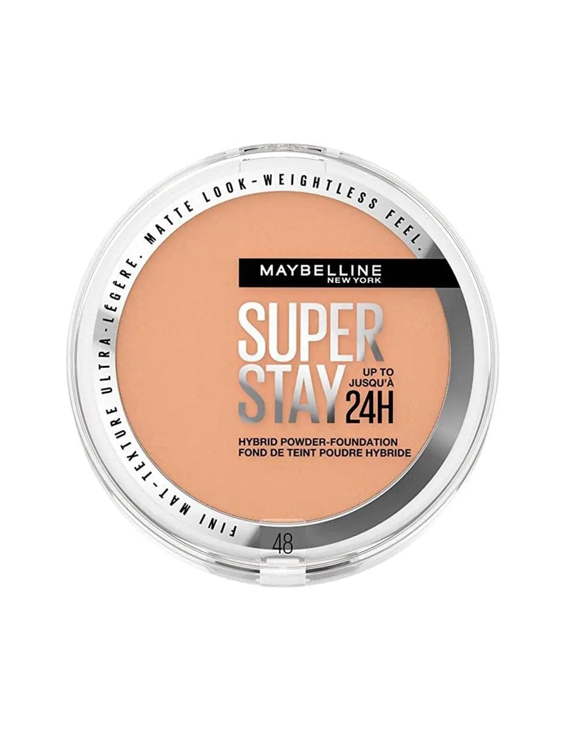 Maybelline Superstay 24h Hybrid Powder-Foundation in shade 48, 9g, with smooth, natural finish for even skin look.