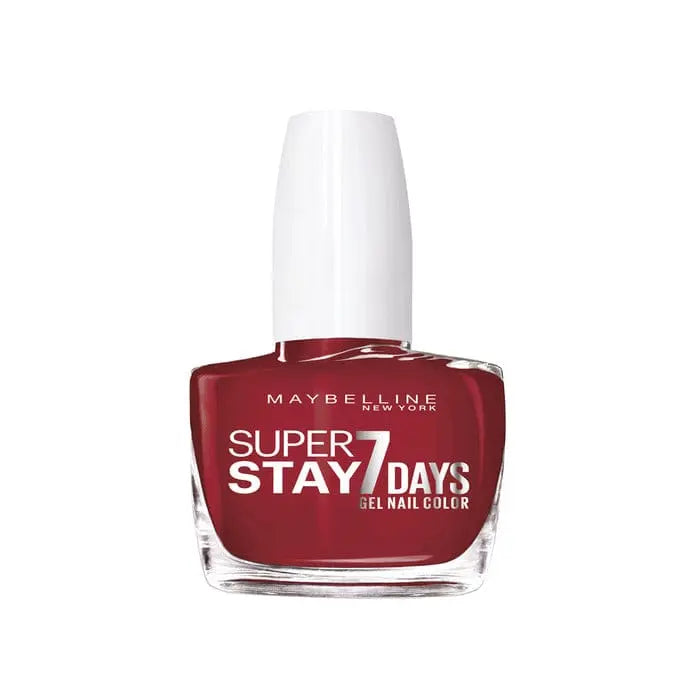 Maybelline Superstay 7 Days Gel Nail Color in Deep Red with glossy finish, displayed on a hand with well-manicured nails.