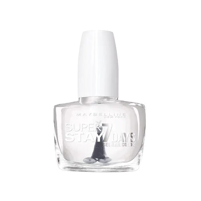 Maybelline Superstay 7 Days Gel Nail Color in 025 Cristal Clear, with a close-up of a glossy, clear gel nail polish bottle.