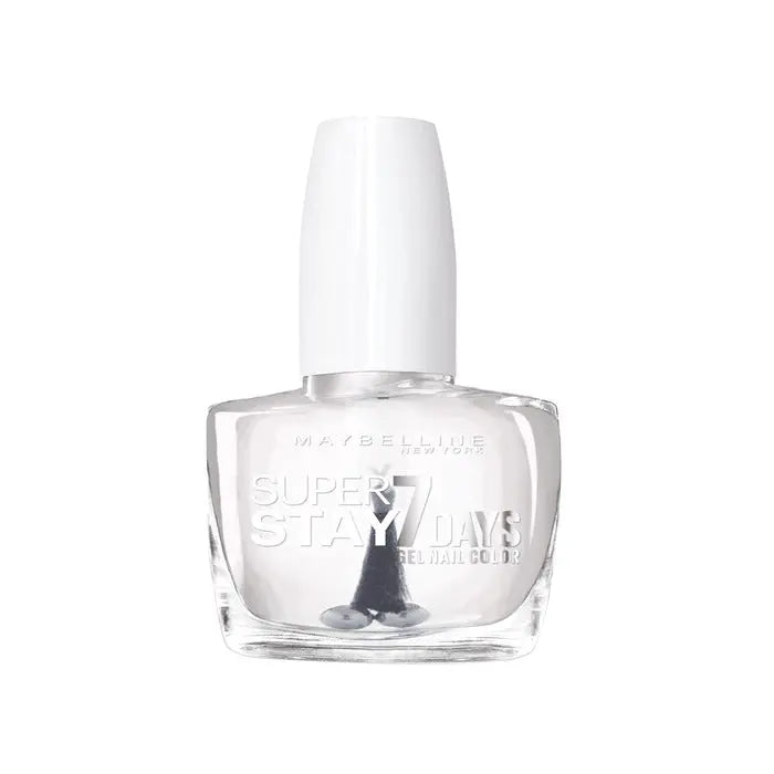 Maybelline Superstay 7 Days Gel Nail Color in 025 Cristal Clear with a glossy finish, displayed on a nail model.