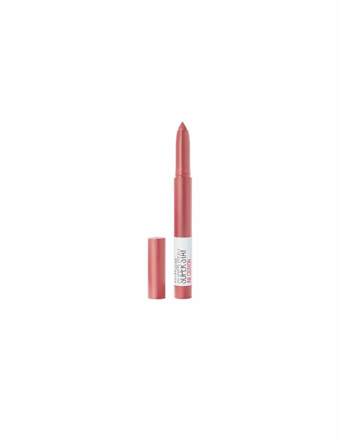 Maybelline Superstay Ink Crayon Shimmer 190 Blow The Candle lipstick in a shimmering nude shade, displayed in a sleek crayon form.