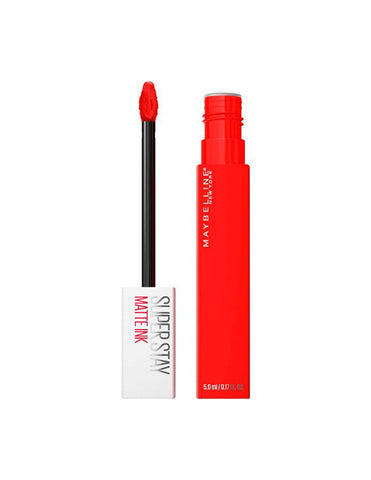 Maybelline Superstay Matte Ink Birthday Edition Show Runner liquid lipstick in a vibrant shade, displayed with the applicator and packaging.