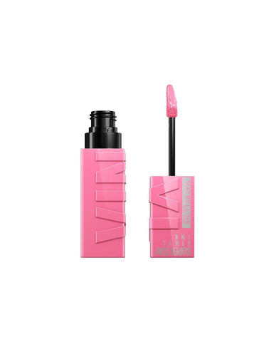 Maybelline Superstay Vinyl Ink Liquid Lipstick in shade 155 Upbeat, 4.2ml, featuring the product packaging and applicator.
